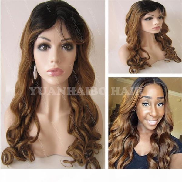

fashion 8a grade 20inch two tone lace front wig virgin brazilian hair loose wave ombre glueless wig ing, Black;brown