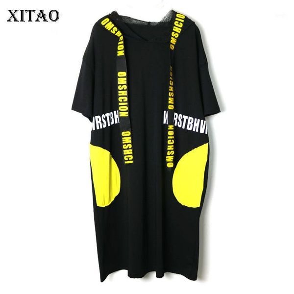 

xitao print letter pleated dress fashion plus size pattern 2020 spring elegant mesh patchwork small fresh casual dress xj44181, Black;gray