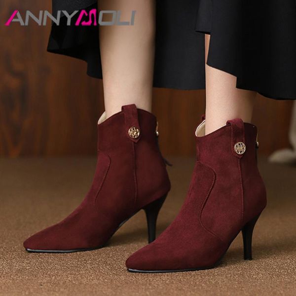 

annymoli super high heel ankle boots woman boots pointed toe thin heel short zip metal decoration female shoes wine red 46, Black