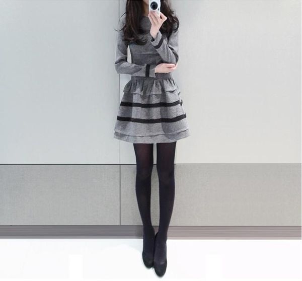 

2021 new girls casual dress autumn winter soft long sleeve dress lady office working clothing black grey sizexl #e284, Black;gray