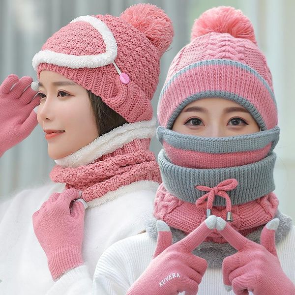 

beanie/skull caps 4pcs winter outdoor cycling beanies hats for women girls thick plus cap warm knitted hat with mask neck scarf gloves xmas, Blue;gray