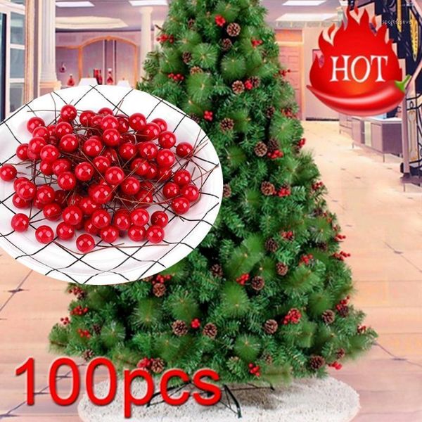 

christmas decorations 100pcs 8mm artificial red holly berry tree decor on wire bundle garland wreath fake fruit wedding party1