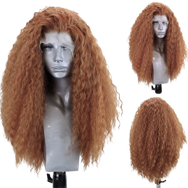 

charisma long brown wig afro curly synthetic lace front wig high temperature fiber hair lace wigs for women cosplay wig, Black;brown