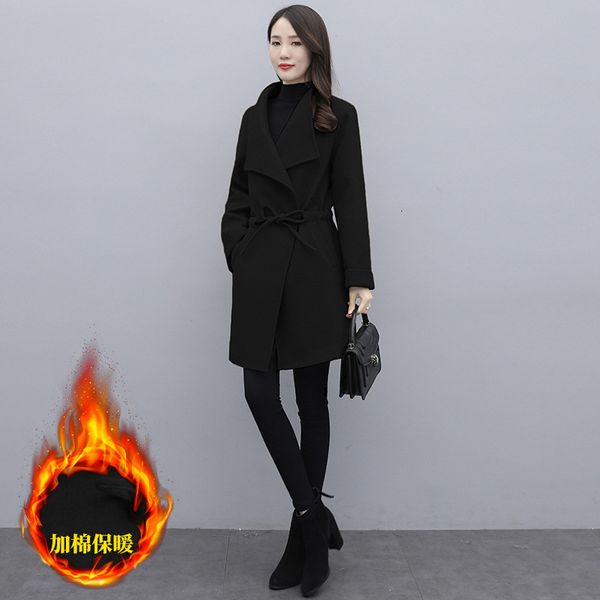 

coat 2021 new women's mid-length british winter temperament controlled waist wool overcoat tide waop, Black