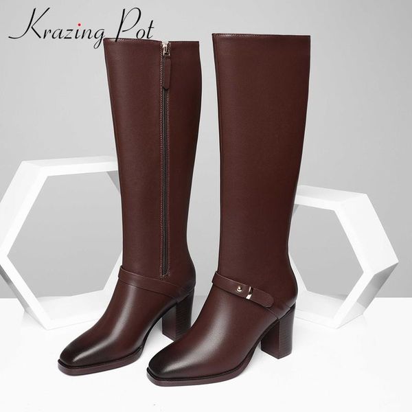 

boots krazing pot winter real cow leather handmade big size square toe thick high heel zipper gorgeous thigh l47, Black