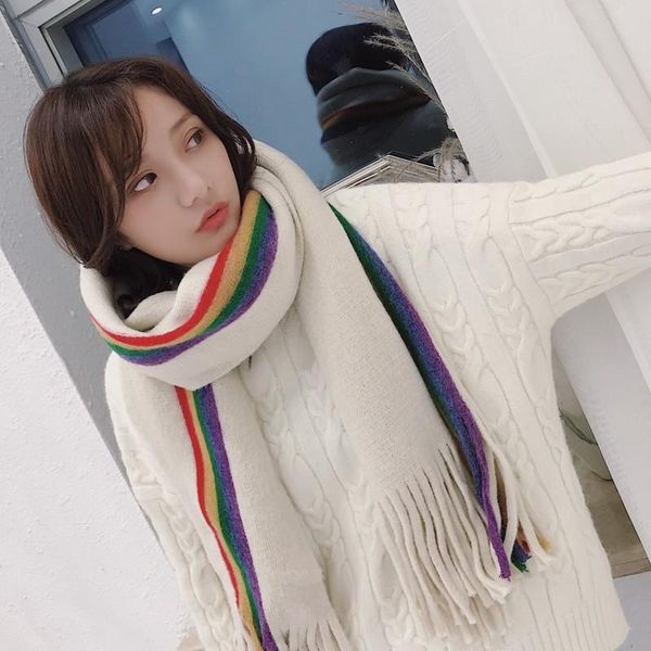 

scarves stripe color matching female imitation rainbow strip warm male and knitted shawl women scarf winter for, Blue;gray