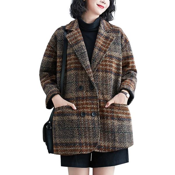 

плюс размер женщины ретро плед шерстяные кардиганские женщины осень зима 2020 новый свободный с длинным рукавом пальто и куртки, Black;brown