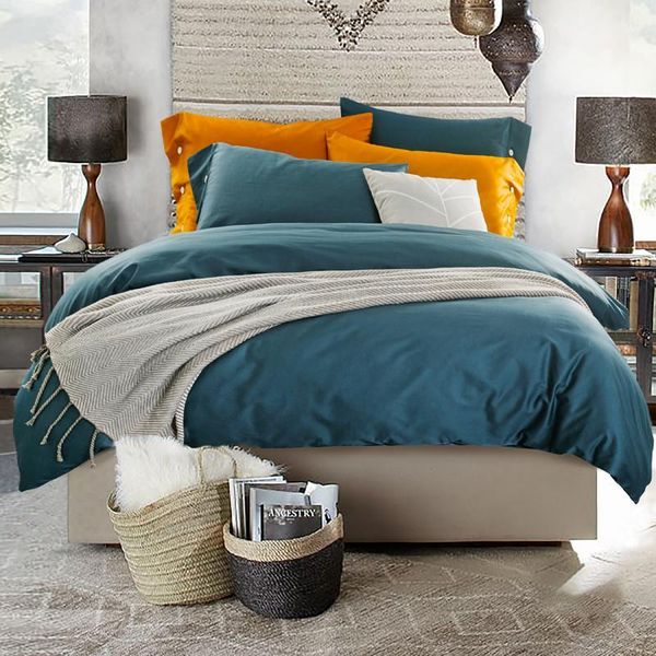 

blue cotton bedding set duvet cover bed linen fitted sheet pillowcases1
