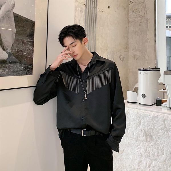 

men's casual shirts men vintage fashion hip hop shirt metal tassel satin style long sleeve male streetwear lovers stage clothing, White;black