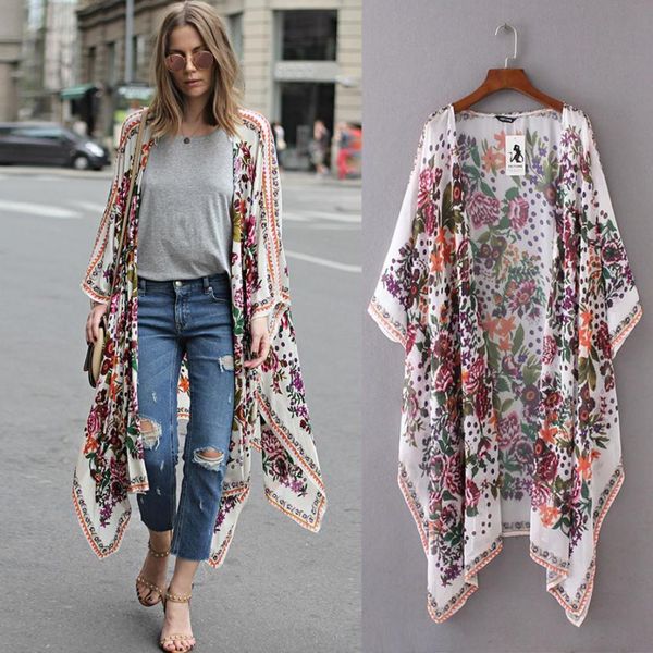 

summer women kimono cardigan loose shawl blouse floral long sleeve cover up chiffon shirt beachwear plus size d90625, White