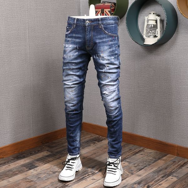 

2021 new italian style fashion men jeans blue color elastic slim fit ripped denim pants homme painted designer punk trousers 0f