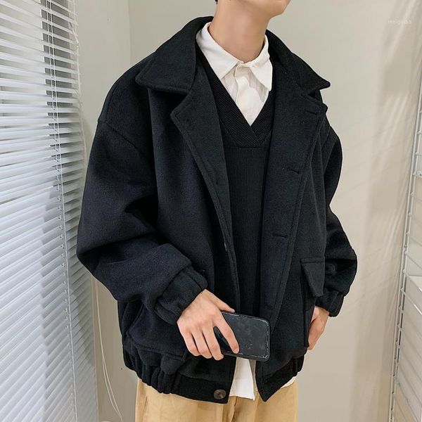 

men's casual woolen coat lapel loose single-breasted short plaid woolen coat winter short jacket for men1, Black