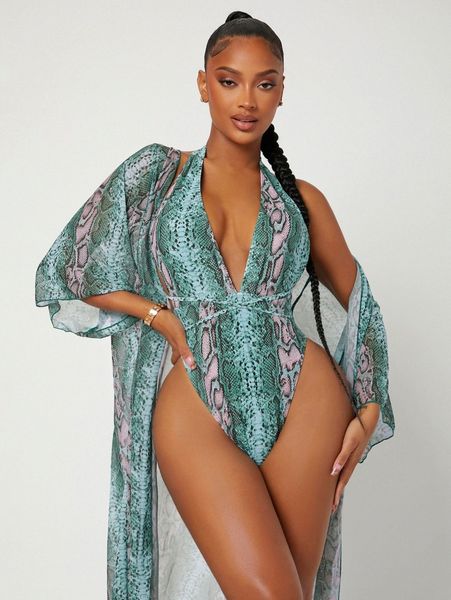 

snakeskin print lace up backless one piece swimsuit with kimono q2hd#, White;black
