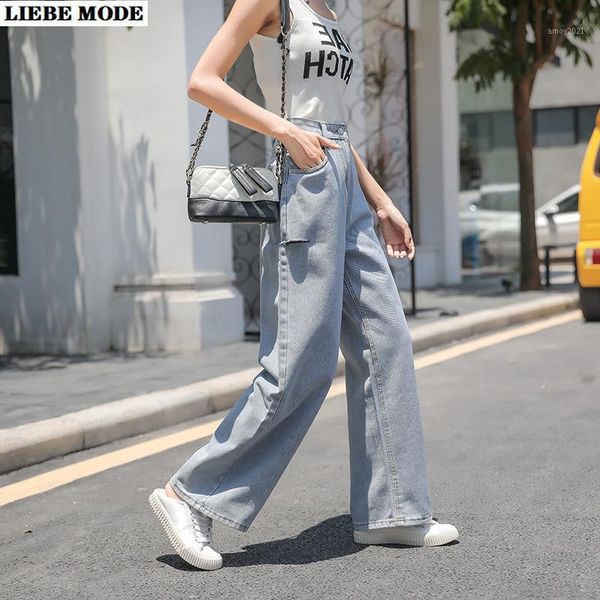 

women's jeans 2021 summer boyfriend wide leg for women loose straight mom high waist holes ripped denim pants thin long blue1, Blue