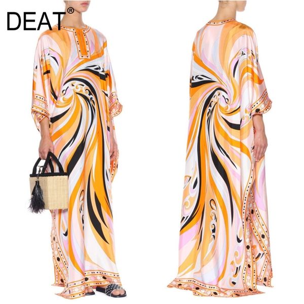 

[deat] over long length seven batwing sleeve floor length round collar loose print bohemian dress women new autumn fashion lj200909, Black;gray