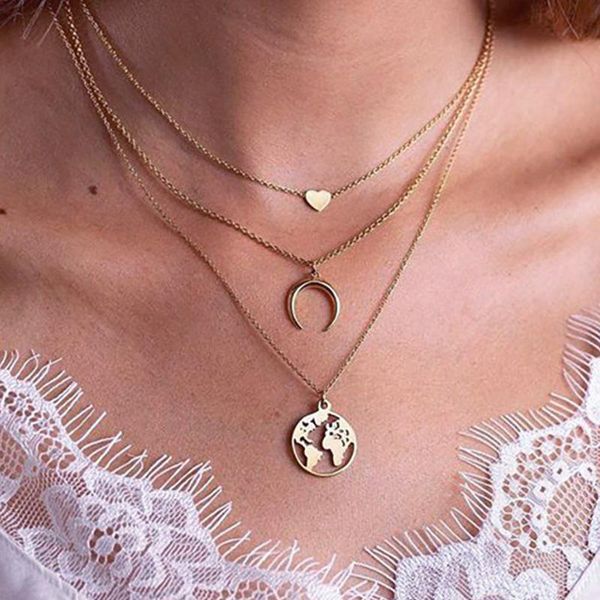 

bohemian map moon heart multilayer chain pendant necklace 2020 for women gold multilayer necklace beach choker party jewelry, Silver