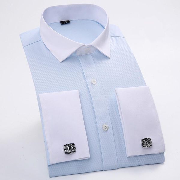 

men's dress shirts french cuff blue white long sleeved business casual shirt slim fit solid color french cufflinks shirt1, White;black