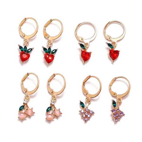 

4 pair/set sweet crystal apple strawberry cherry grape dangle earrings for women cute fruit earrings party jewelry gifts, Silver