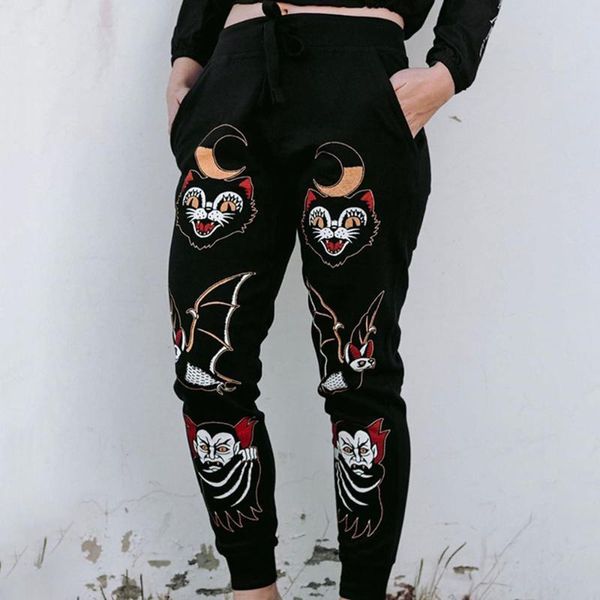 

rosetic хэллоуин смешные печати повседневные брюки женщины sweatpants lace up готические streetwear harajuku моды брюки весна 2020, Black;white