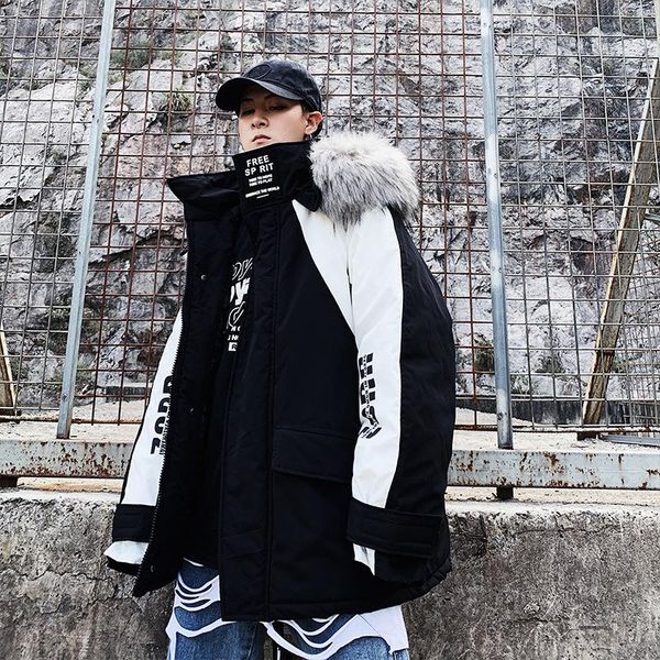 

2021 winter parkas men streetwear fur collar patchwork thick cargo coats windbreaker loose hoody jackets male 5xl, Tan;black