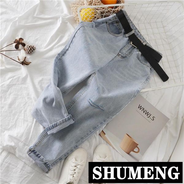 

women's jeans 5xl women 2021 spring and summer korean flabby pants student girls casual radish trousers denim harlem with belt, Blue