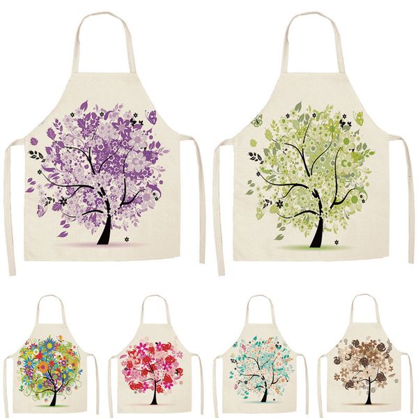 

1pcs 53*65cm colorful tree pattern kitchen aprons for women household cooking wear bibs cotton linen home cleaning apron wq0005