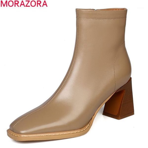 

morazora 2021 new arrival women boots fashion genuine leather boots thick high heels square toe autumn winter ankle1, Black