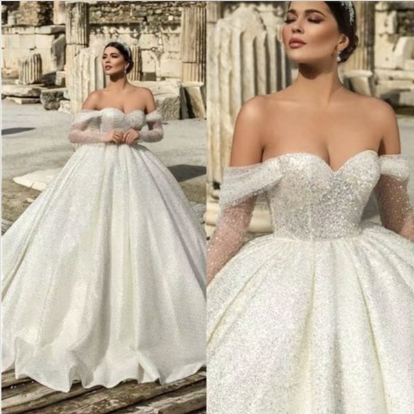 

beaded lace appliques ball gown off shoulder wedding dresses, White