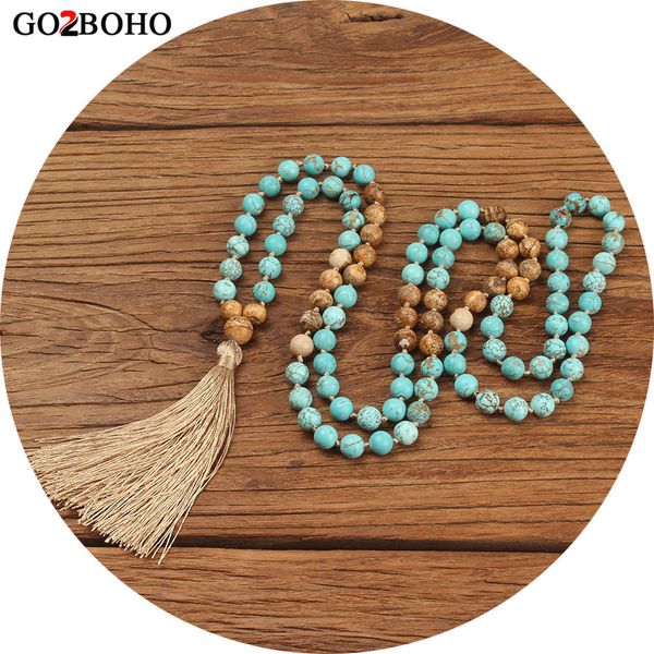 

go2boho boho meditation necklaces women 108 mala beads necklace tassel jewelry collier femme women natural stones 8mm beads 200928, Silver