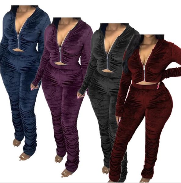 

womens two piece outfits pleuche jacket hooded zipper coat crop hoodie and pleated pants legging tights clothing autumn tracksuitf92911, Pink;blue