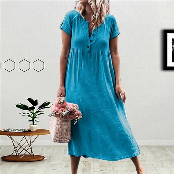 

2021 women dress summer boho solid short sleeve linen long dress loose splice button maxi dress vestidos plus size, Black;gray