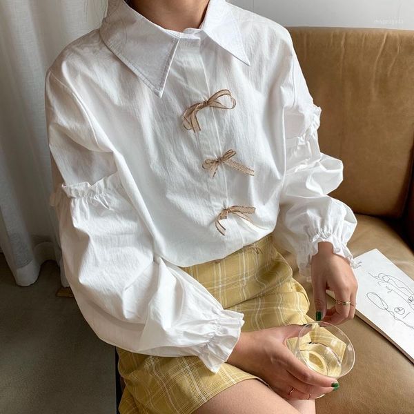 

2020 bow button shirts women and blouses long sleeve cotton ladies casual blusas loose female shirt preppy style1, White