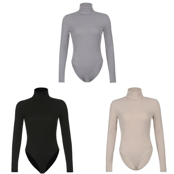 

solid ribbed knit black gray female bodysuit turtleneck women long sleeve fall 2020 winter bodycon keep warm khaki body q1219, Black;white