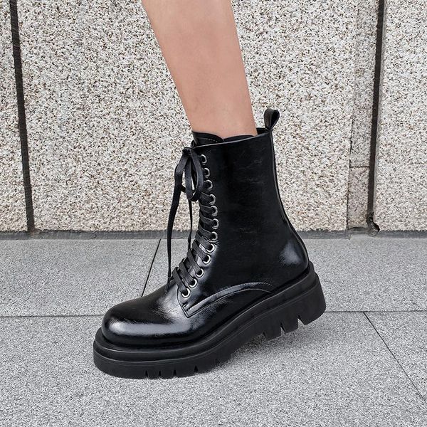 

elegant platform genuine leather female boots leather side zipper retro chunky high heels women pumps party casual shoes woman, Black