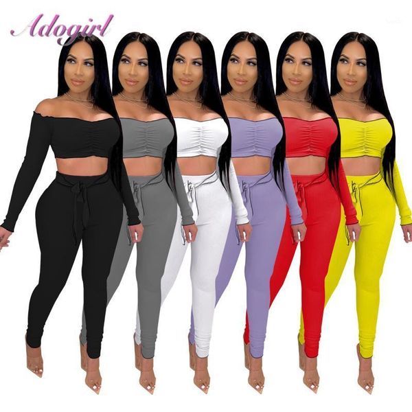 

women outfit workout two piece sets casual solid slash neck long sleeve crop t-shirt skinny pants suit streetwear tracksuit1, Gray