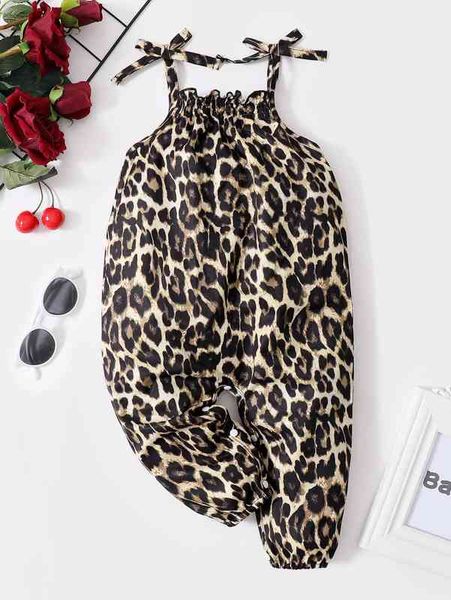 

baby girl leopard print knot shoulder cami jumpsuit she, Blue