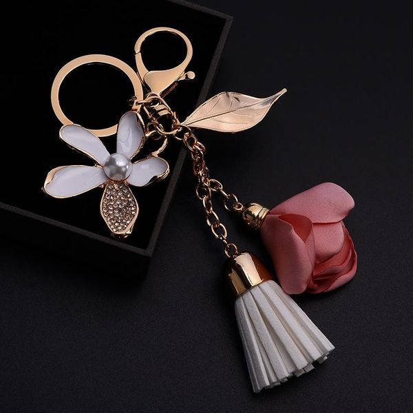 

new pu leather tassel keychain for women crystal flower keyring bag charm for keys porte cle llavero sleutelhanger ch977 h jlldvh, Silver