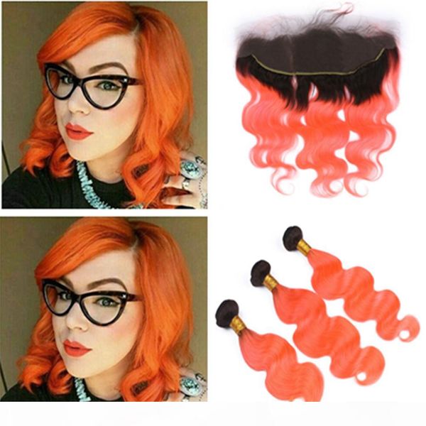 

malaysian human hair ombre orange body wave 3 bundles with frontal #1b orange dark root ombre 13x4 lace frontal clsoure with weaves, Black;brown