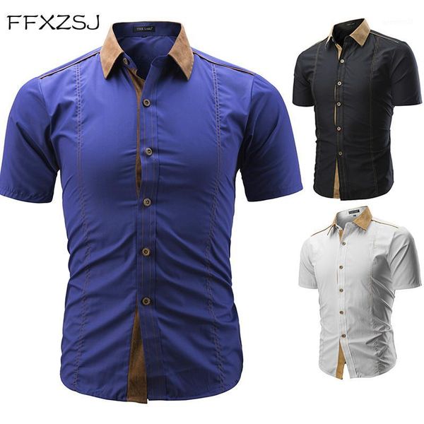 

men's casual shirts ffxzsj brand 2021 summer fashion mens solid short sleeve business shirt turn-down collar male dress -5xl1, White;black