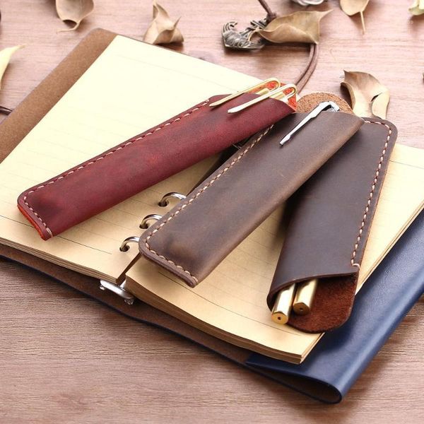 

1pc genuine leather pen holder vintage fountain ballpoint pen bag portable double pencil case cute pencil pouch office bag1