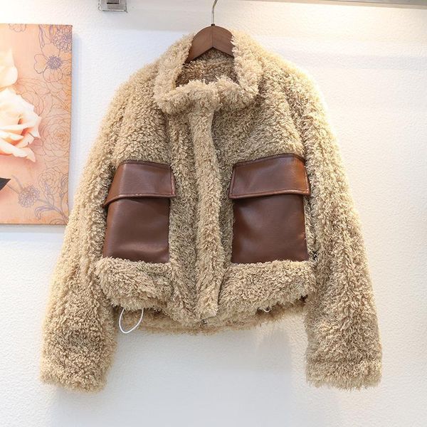 

[ewq] 2020 autumn winter woman new stand collar long-sleeved cashmere loose splicing minimalist cardigan lambfur coat 8d3651, Black;brown