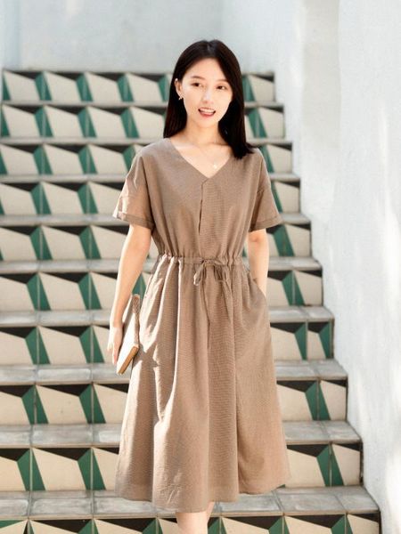 

cynthia 2020 new summer women plaid dress female houndstooth vintage v-neck waisted bow-tie short-sleeve long cotton dresses1, Black;gray