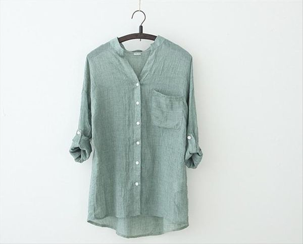 

spring summer women fashion three quarter sleeve stand collar casual loose fashion cotton linen blouse shirt summer, White