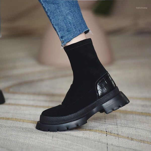 

womens ankle boots round toe 6cm heel non-slip flats slip on new fashion shoes for woman black 35-401