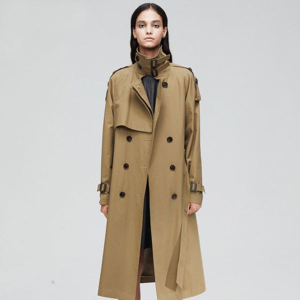 

2021 new autumn cotton double breasted with belt women long trench ol coat chic windbreaker casaco streetwear xmff, Tan;black