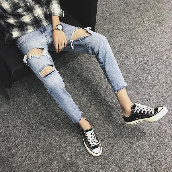 

2020 teenagers handsome ripped jeans men's summer thin ankle length pants wild trend hong kong style small feet pencil pants, Blue