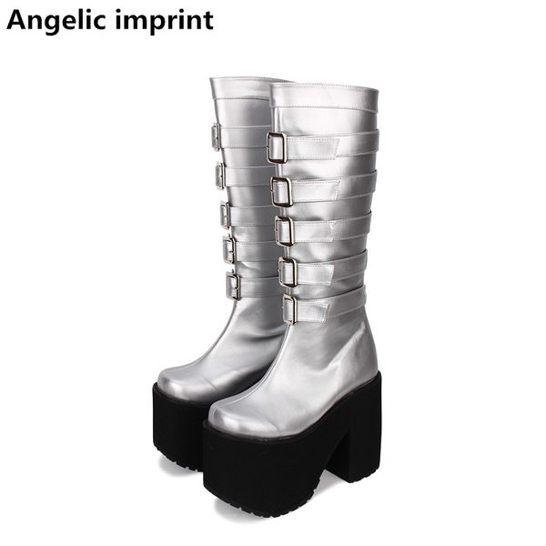 

angelic imprint mori girl women motorcycle punk shoes lady high heels lolita boots woman princess dress pumps buckles 33-47 15cm, Black