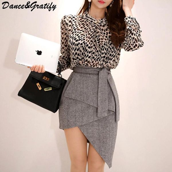

new 2020 autumn women leopard blouses high waist bodycon pencil skirt two piece sets mini short office work party suit1, Gray