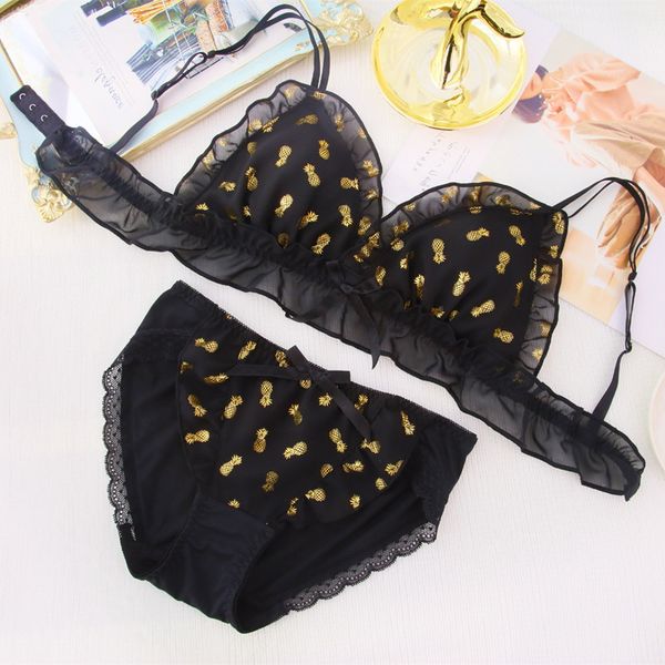 

wriufred new pine cute underwear triangle cup bra set wind fairy soft sleep lingerie comfortable women's bralette, Red;black