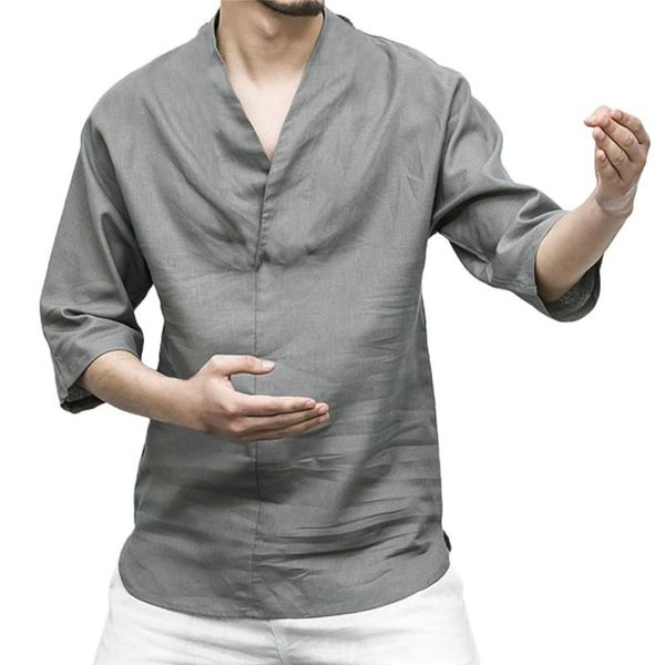

men's casual shirts 2021 shirt fashion three quarter sleeve solid linen slim fit loose business v neck men clothing, White;black